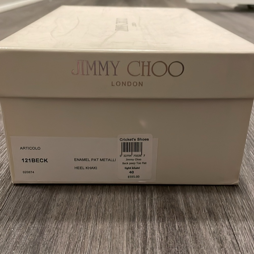 Jimmy Choo Beck Peep Toe Flat Khaki Metallic Patent Leather Gold Enamel Heel - Picture 13 of 16
